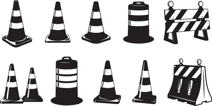 Traffic cones and road block signs illustration set