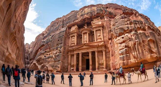 Tourists exploring ancient Petra Treasury in Jordan under bright daylight