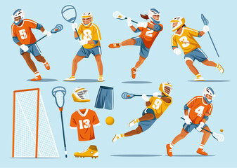 Lacrosse players action poses set with equipment and uniform elements isolated illustration © Macrovector