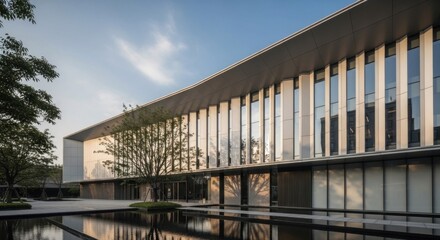 Naklejka premium A modern, glass and steel building with a curved facade and large windows, set against a clear blue sky with scattered clouds.