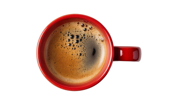 Top view of a red coffee mug filled with hot espresso, isolated on transparent background