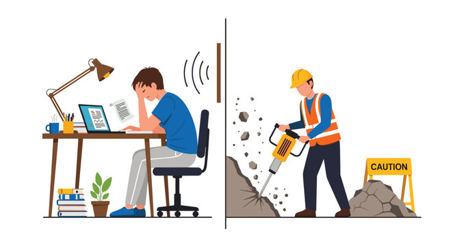 An exhausted student at a cluttered desk feels overwhelmed by the deafening sound of a construction worker operating a heavy jackhammer right outside.