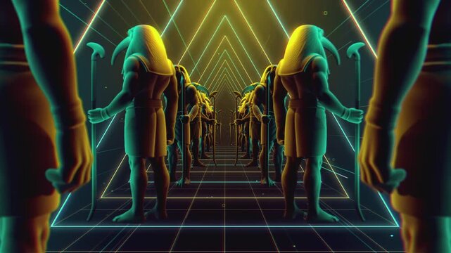 4K seamless turquoise and orange VJ loop tunnel featuring a stylized, geometric 3D Thoth deity figure with glowing circuits for VJ sets, stage screens, electronic music festivals and LED video walls