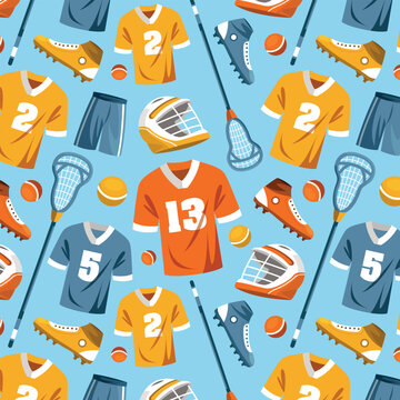 Seamless lacrosse pattern with jerseys helmets sticks and sports equipment