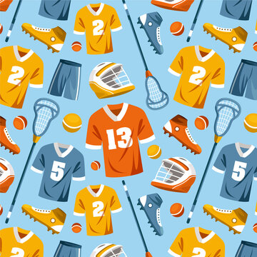 Seamless lacrosse pattern with jerseys helmets sticks and sports equipment