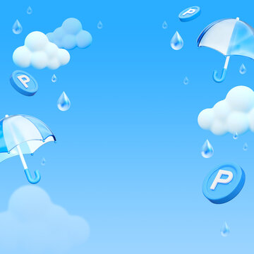 3D Rainy Day Background with Copy Space, Blue Summer Theme with Umbrellas and Clouds