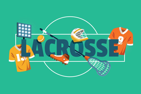 Lacrosse typography banner with sports equipment and modern flat design elements