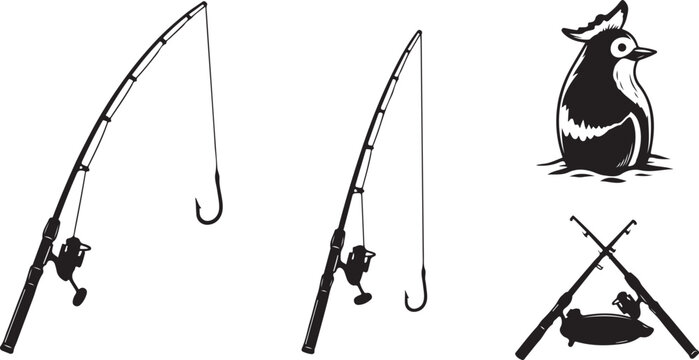 Fishing Rods and Penguin Illustration Set Black White