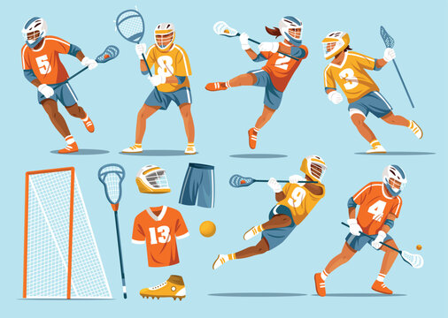 Lacrosse players action poses set with equipment and uniform elements isolated illustration