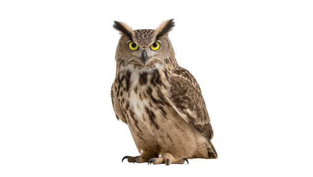 Majestic Eurasian eagle-owl with piercing yellow eyes, isolated on transparent background