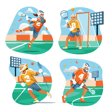 Lacrosse mini compositions set with players goal and game action scenes