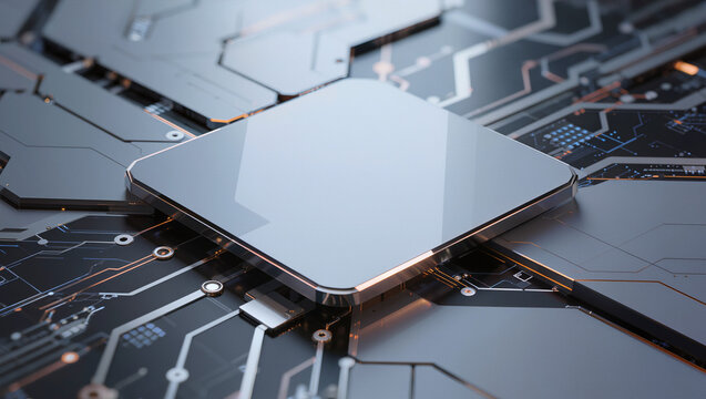 Closeup of a gleaming silver central processing unit on a complex circuit board.