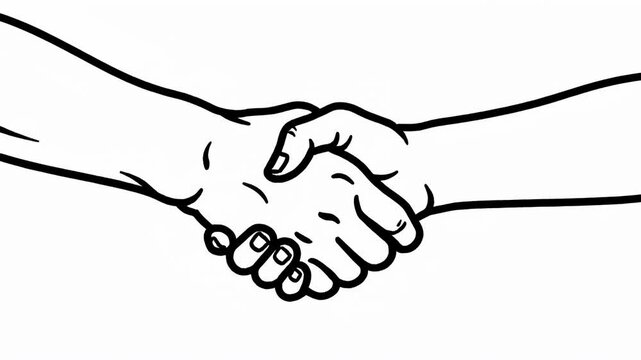 Simple black line drawing of two hands shaking in a firm grip against a plain white background, symbolizing a formal business agreement, partnership, or mutual greeting gesture.
