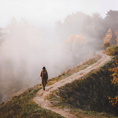 Fototapeta premium Autumn hiking scene: a backpacker walking along a forest trail in mist, fallen leaves, soft light, calm atmosphere of travel and solitude. 