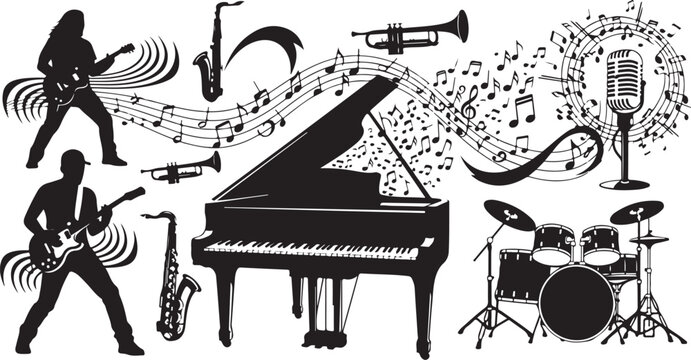 Music Instruments Silhouettes and Musical Notes Composition