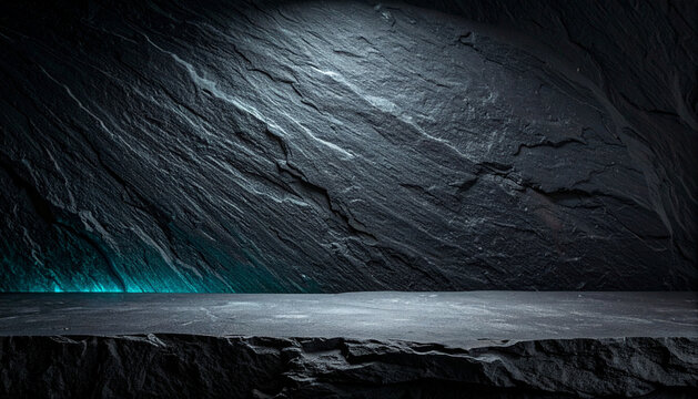 Futuristic product podium on black volcanic stone with blue neon lighting, dark slate texture background for tech mockup.