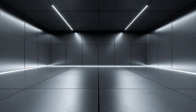 Minimalist industrial studio with dark metal panels and horizontal LED light, futuristic empty room for hardware mockup.