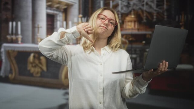 Woman holding laptop and giving thumbs down with bare hand inside ornate church building, red glasses visible; disapproval critique.