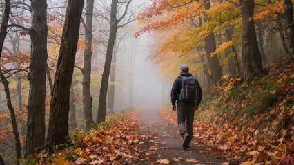 Fototapeta premium Autumn hiking scene: a backpacker walking along a forest trail in mist, fallen leaves, soft light, calm atmosphere of travel and solitude. 