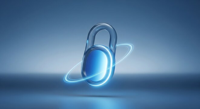 Transparent glass padlock with glowing blue light rings representing cyber security and data protection