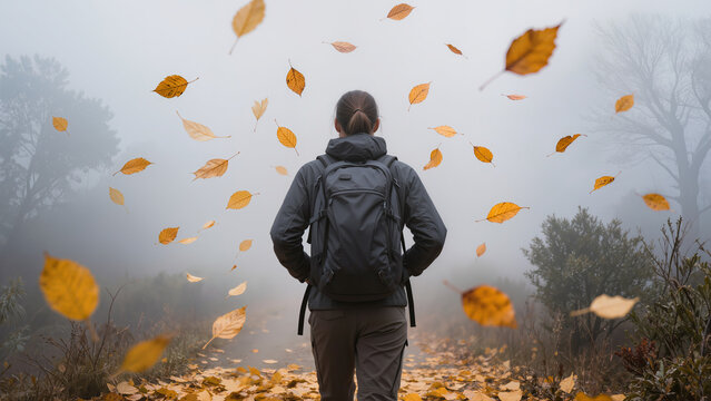 Autumn hiking scene: a backpacker walking along a forest trail in mist, fallen leaves, soft light, calm atmosphere of travel and solitude.
