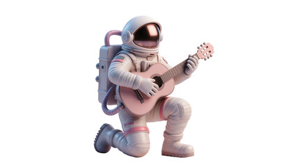 Astronaut in white suit playing pink guitar, isolated on transparent background © Piotr