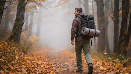Obraz premium Autumn hiking scene: a backpacker walking along a forest trail in mist, fallen leaves, soft light, calm atmosphere of travel and solitude. 