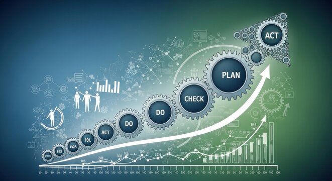 A business graph with gears and arrows, representing the ACT (Action, Check, Plan, Do) cycle for business growth and success.