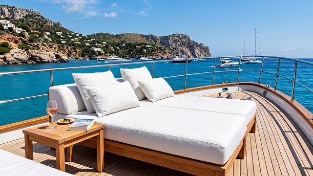 Crisp white linen lounge cushions resting on a premium teak wood boat deck overlooking a vibrant turquoise Mediterranean sea under the sky.