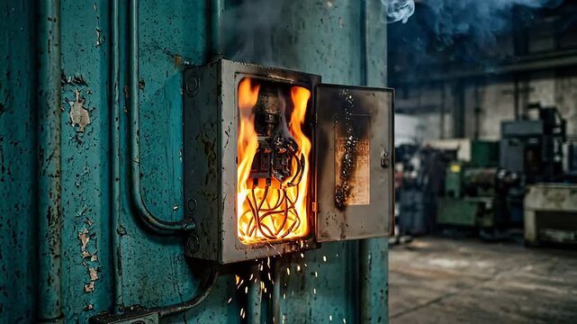 Dangerous electrical fuse box sparking and catching fire with bright orange and yellow embers flying outward against a teal metal wall.