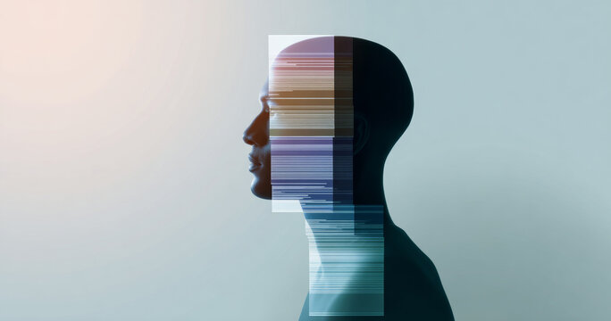 Profile of a human head with digital glitch effect and horizontal lines representing technology and artificial intelligence concepts