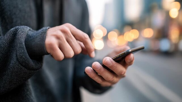 A man's hands using a smartphone, his finger touching the screen and pointing on the mobile phone in a city street.