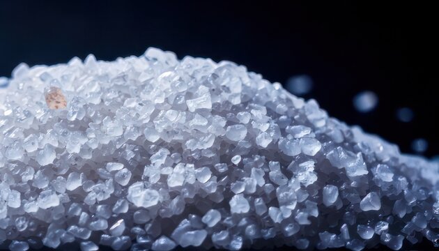 Close-up of a pile of white crystalline salt against a dark background.