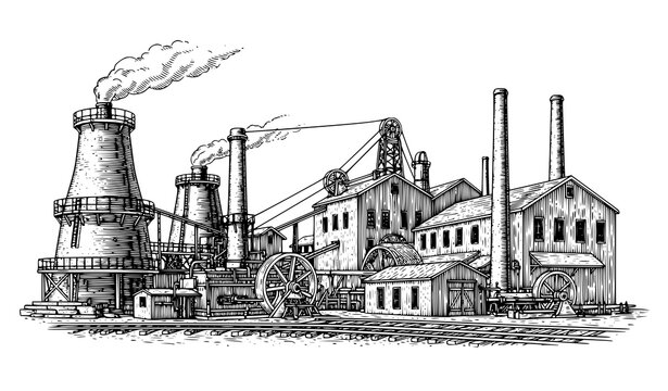 Antique industrial iron furnace vintage line art vector illustration Pennsylvania heritage