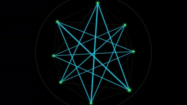 Nine pointed star with neon blue lines connecting points, ideal for abstract design projects needing futuristic or celestial elements. ProRes 4444 Alpha Channel