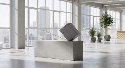 Fototapeta premium A modern, minimalist office space with large windows, concrete pillars, and a concrete cube sculpture in the foreground.