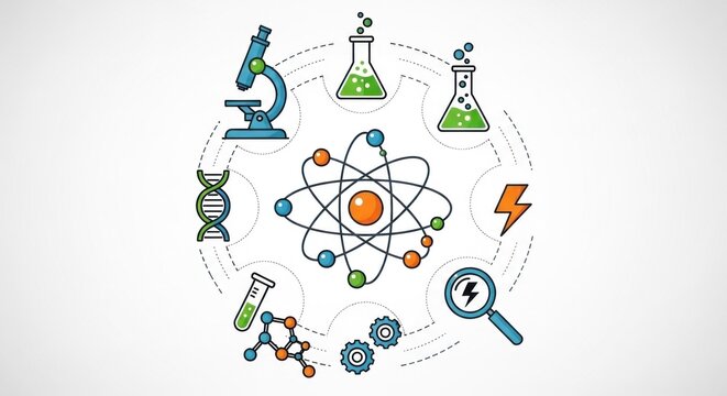 A colorful illustration of a science experiment with a microscope, beakers, and a DNA strand in a circular pattern.