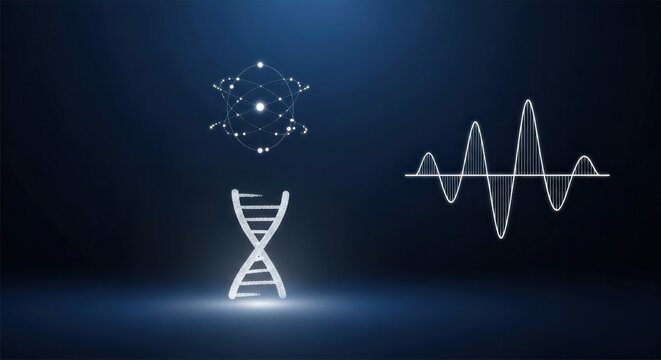 A DNA strand and a wave pattern on a dark blue background