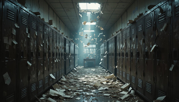 Chaotic scene depicts a school hallway with lockers obscured by scattered papers and light streaming from above