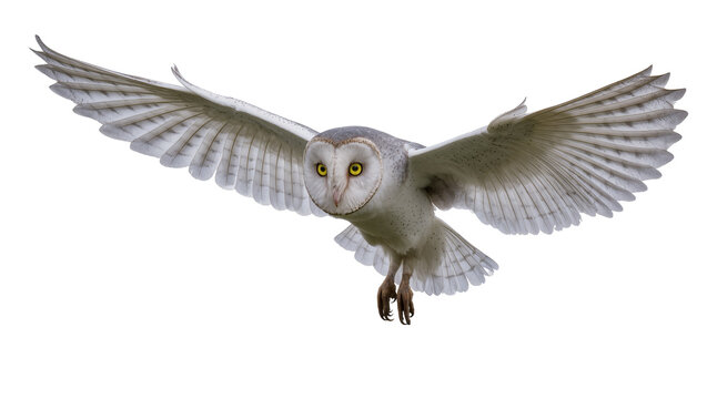 Barn owl with wide spread wings flying forward, isolated on transparent background