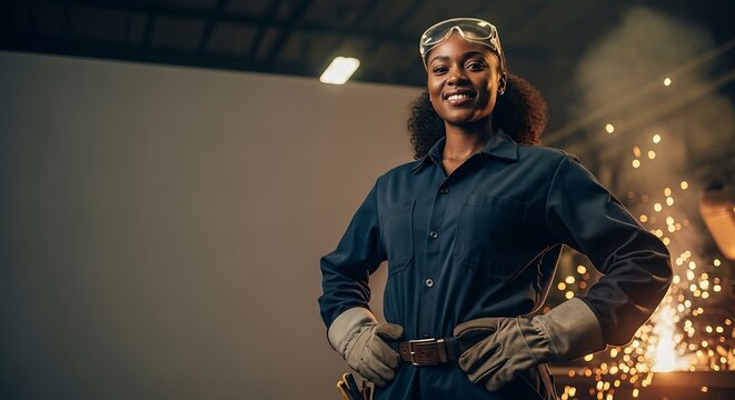 Metallurgical worker posing and smiling to the camera, matallurgic industrial background, copy space, Metalworker's Day