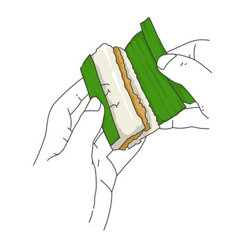 hand drawn vector illustration of a man holding steamed sticky rice lemper with minced chicken filling wrapped in green banana leaves 