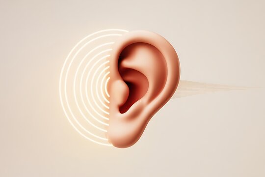 Human ear, sound waves, hearing concept, audio illustration, peach background