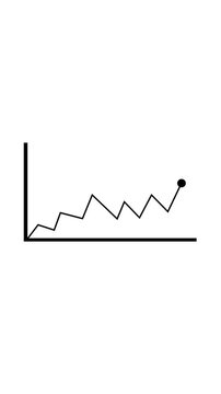 Minimal black line graph on white background with axes and jagged upward trend ending in a dot, symbolizing growth, progress, business performance, statistics and analytics.