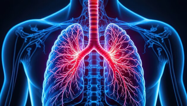 Illuminated internal human respiratory system structures are shown against a dark background