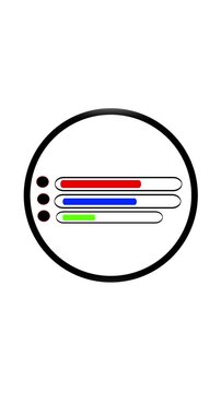 Minimal circular emblem with three horizontal progress bars in red, blue and green with bullet dots on a white background, simple vector interface icon.