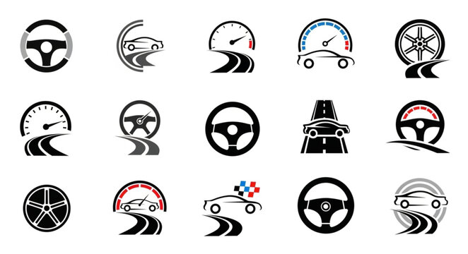 Collection of car logos and icons for automotive industry.