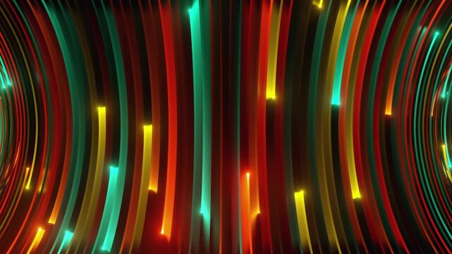 4K seamless green and orange VJ loop with abstract high-tech geometric ribbons, glowing light streaks, and floating particles for VJ sets, electronic music festivals, stage screens, LED video walls