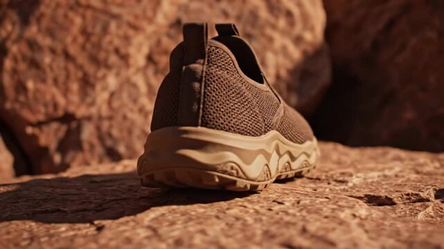 Close-up of a brown breathable slip-on hiking shoe resting on a rocky surface, outdoor footwear for adventure and travel.