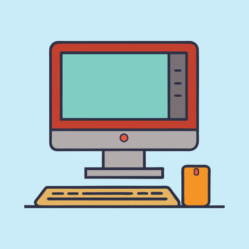 Retro desktop computer setup with monitor, keyboard, and computer case illustration